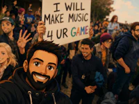 a group of people holding up a sign that says i will music 4 4 game